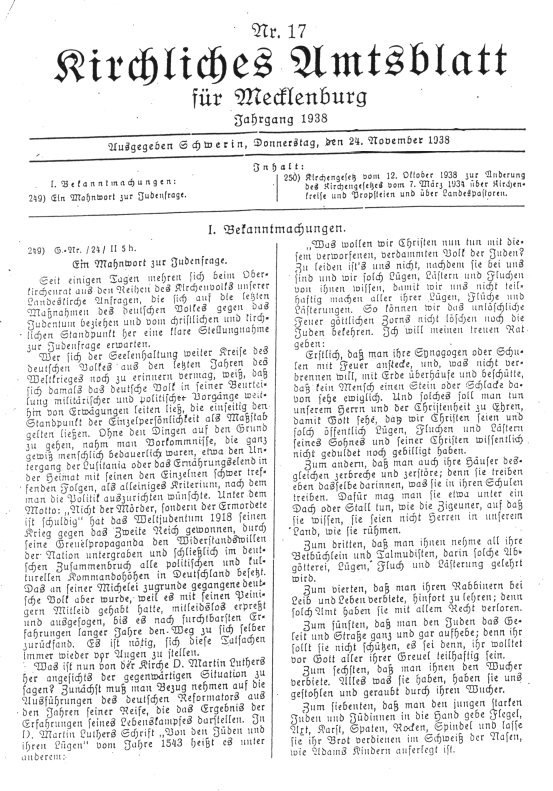 "Kirchliches Amtsblatt für Mecklenburg" November 1938